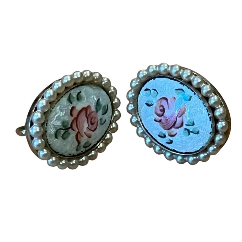 Vintage Coro Faux Pearl Rose Screwback Earrings Signed Hand Painted Floral 7/8”